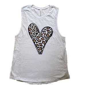 Leopard Print Heart White Muscle Shirt Women’s Size Large